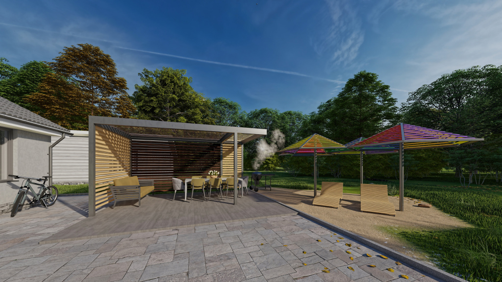 Пергола и зонтики из ламелей Еврожалюзи с горизонтальной крышей-жалюзи